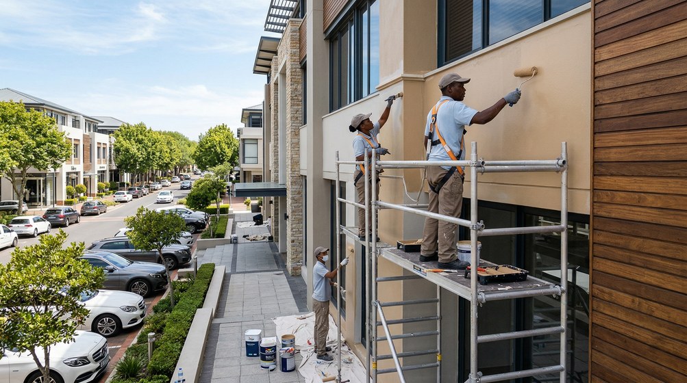 Professional commercial painters on scaffolding painting a building in Kenridge
