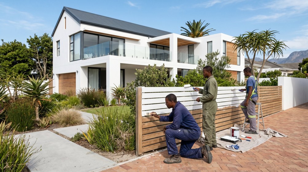 Professional fence painters painting a wooden fence at a Kenridge home in Kenridge