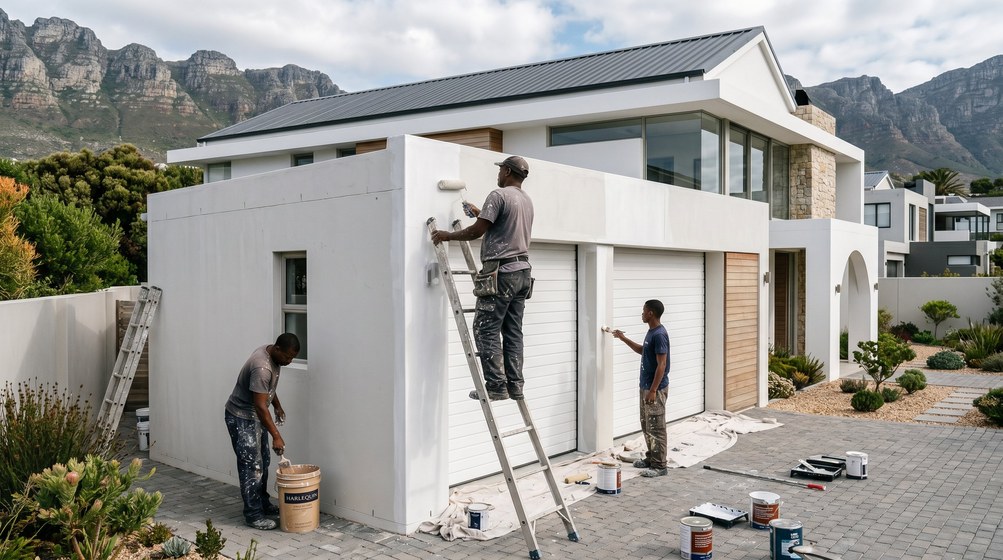 Professional painters painting a double garage exterior and garage doors in Kenridge