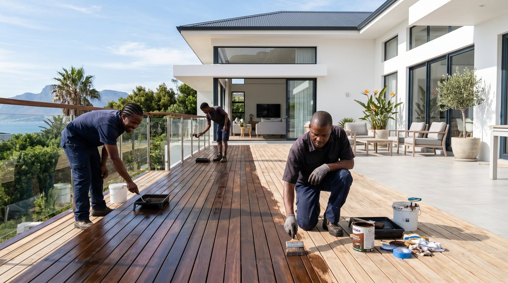 Professional wood staining team applying deck stain on a home in Kenridge